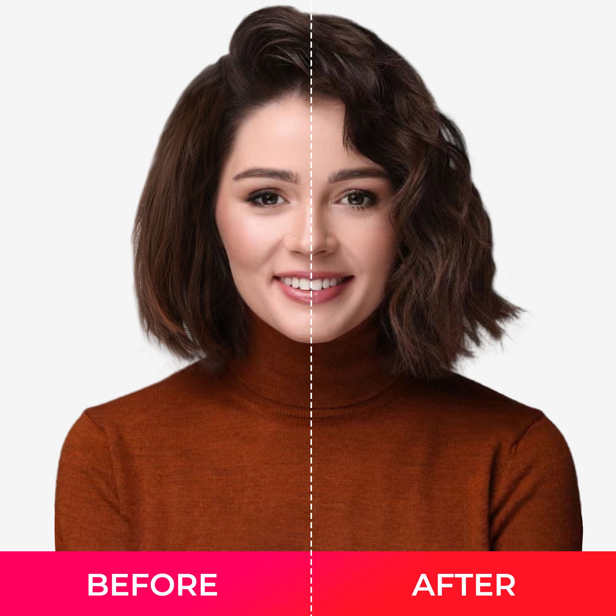 Before and after a woman using TYMO CURLGO PINK for fine curls.