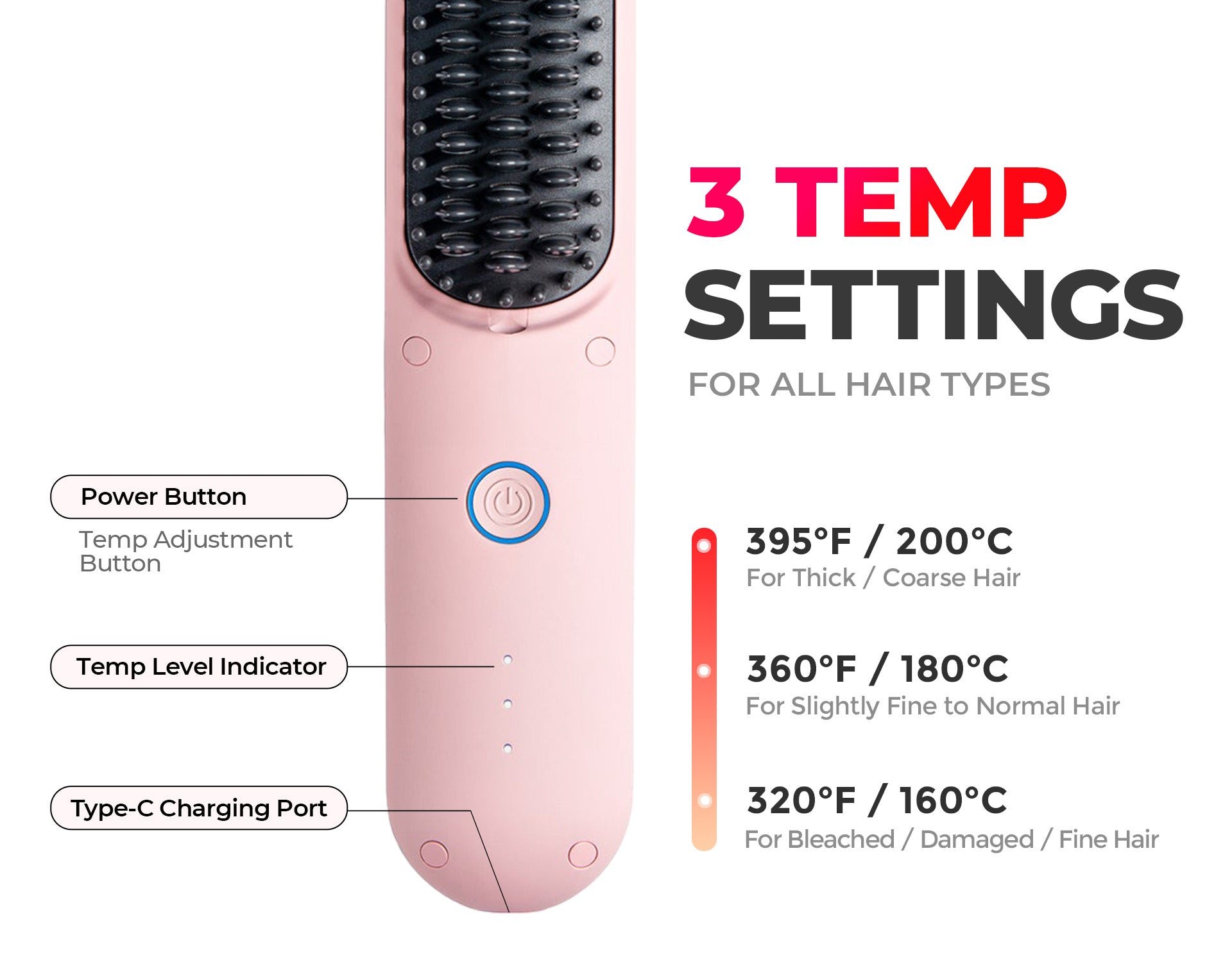 TYMO PORTA PRO PINK hair straightening brush with a central power button, and LED indicators for multiple temperature settings.