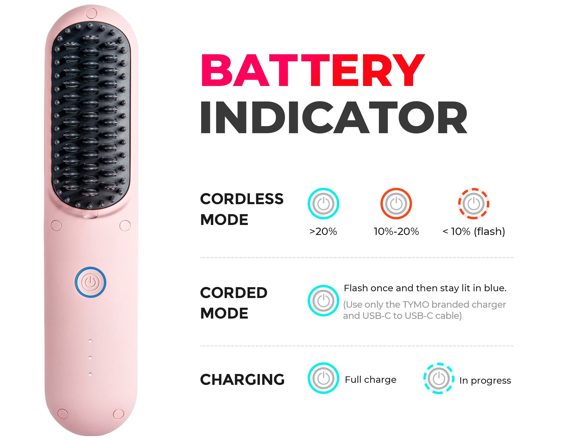 TYMO PORTA PRO PINK electric hair brush displaying battery indicator levels for corded and cordless mode.