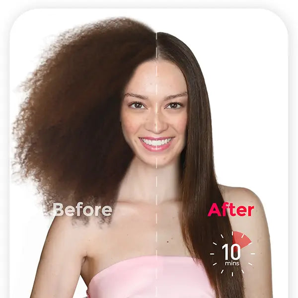 Before-and-after comparison of a woman using TYMO IONIC PLUS to straighten her hair in 10 minutes.