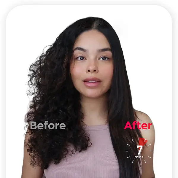 A woman transforms her frizzy curls to sleek and smooth in just 7 minutes with TYMO IONIC PLUS hair brush.