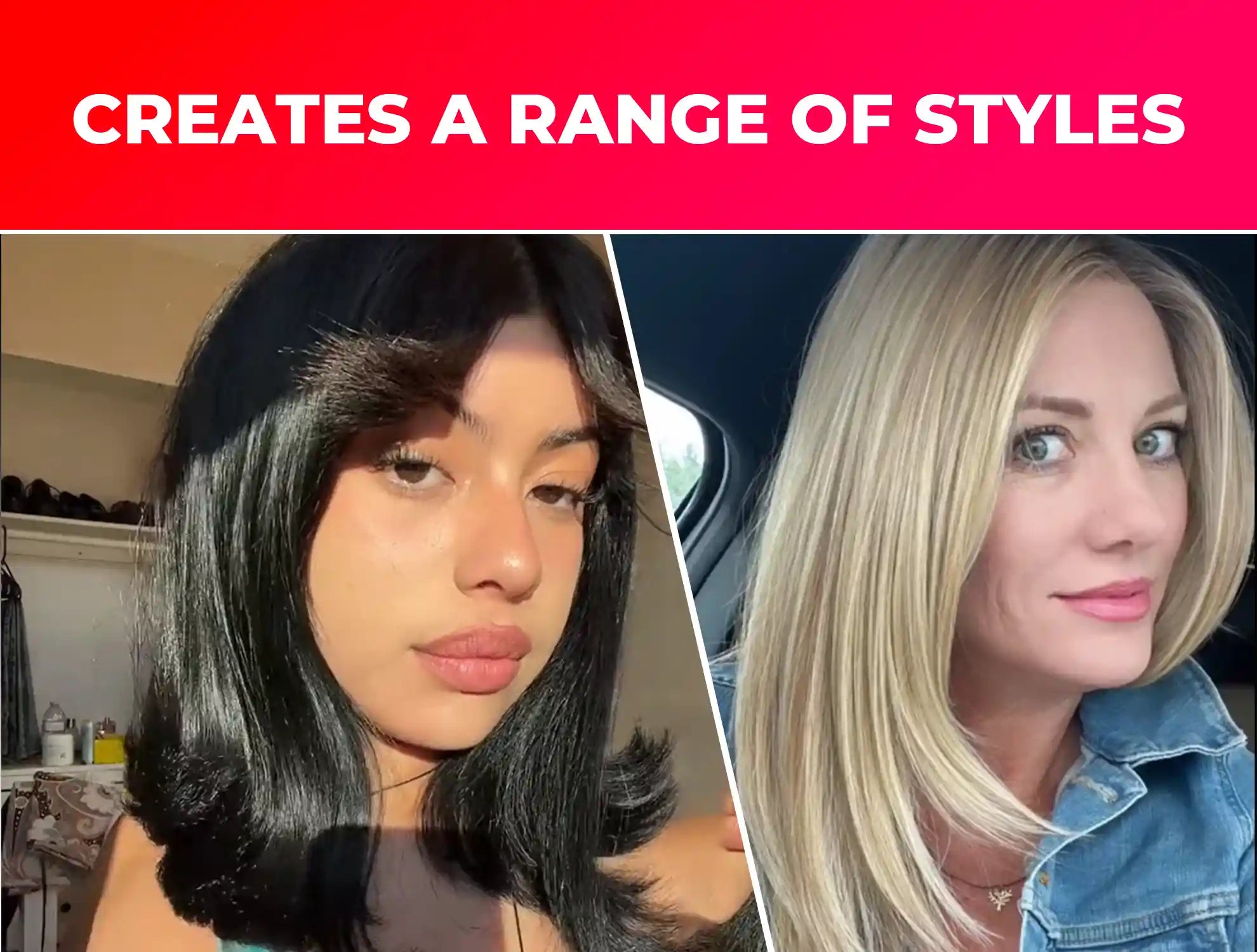 Demonstration of versatile hairstyles created with TYMO PORTA cordless hair straightener, featuring women with curly and blonde bob styles.