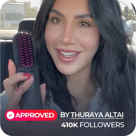 KOL Thuraya Altai, a popular influencer with 410K followers, approves TYMO PORTA cordless hair straightener, showing it in her car.