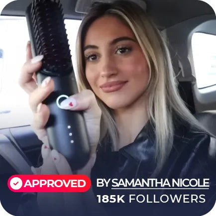 KOL Samantha Nicole, holding a TYMO PORTA cordless hair straightener, smiles with approval in her car.