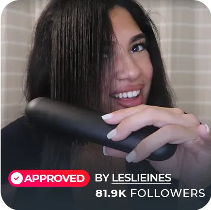 KOL LeslieInes, with 81.9K followers, happily using a TYMO PORTA cordless hair straightener, showcasing her shiny hair.