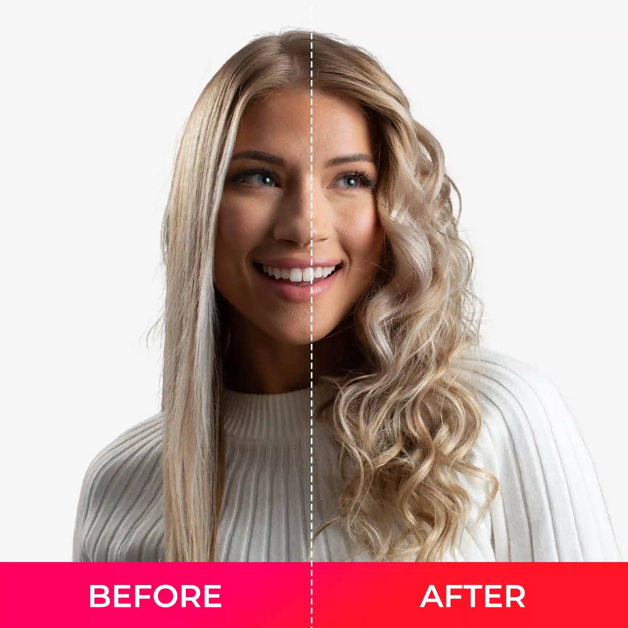 Before and after using TYMO CURLGO cordless curling iron, showing smooth straight hair and voluminous curls.