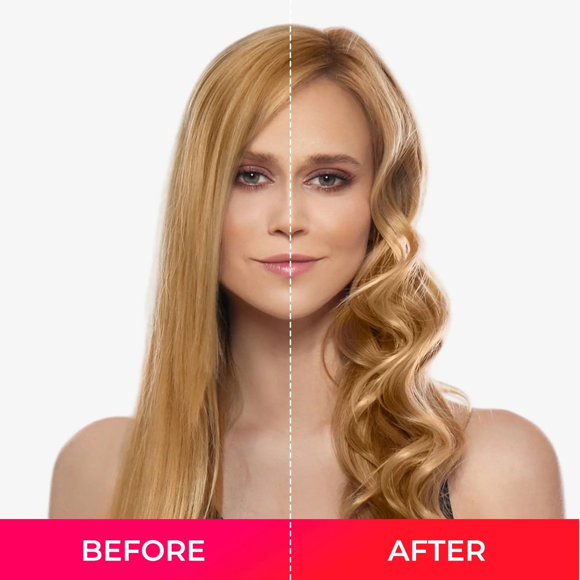 Before and after a woman using TYMO CURLGOECO for long curls.