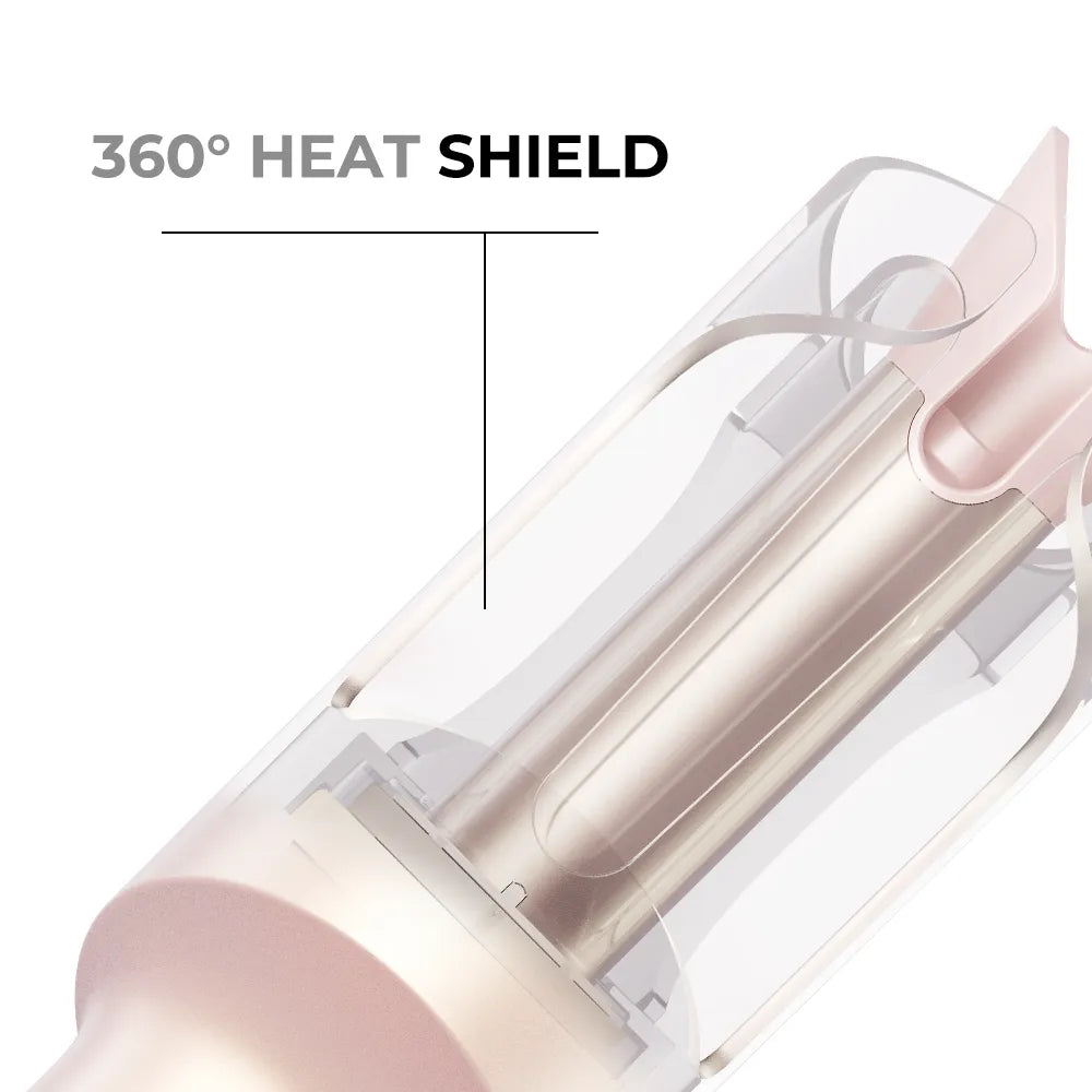 360-degree heat shield of the TYMO CURLGO automatic cordless curling iron, ensuring user safety during use.