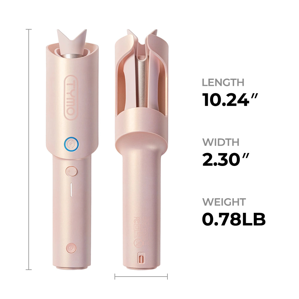 Dimensions and weight details of the TYMO CURLGO automatic cordless curling iron, emphasizing its portability and ease of use.