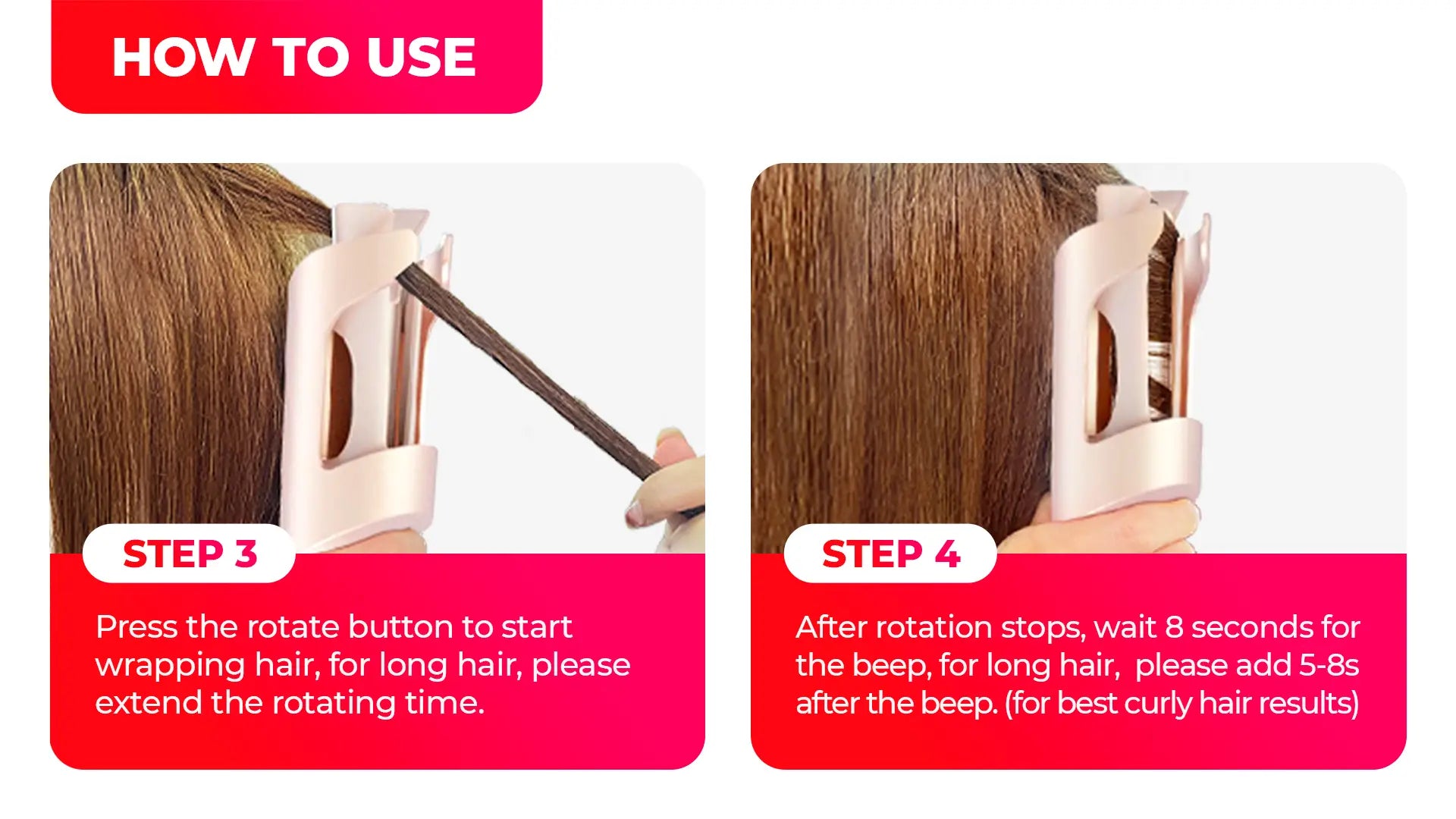 Part two of step-by-step usage instructions for TYMO CURLGO automatic curler, from powering on to achieving perfect curls.