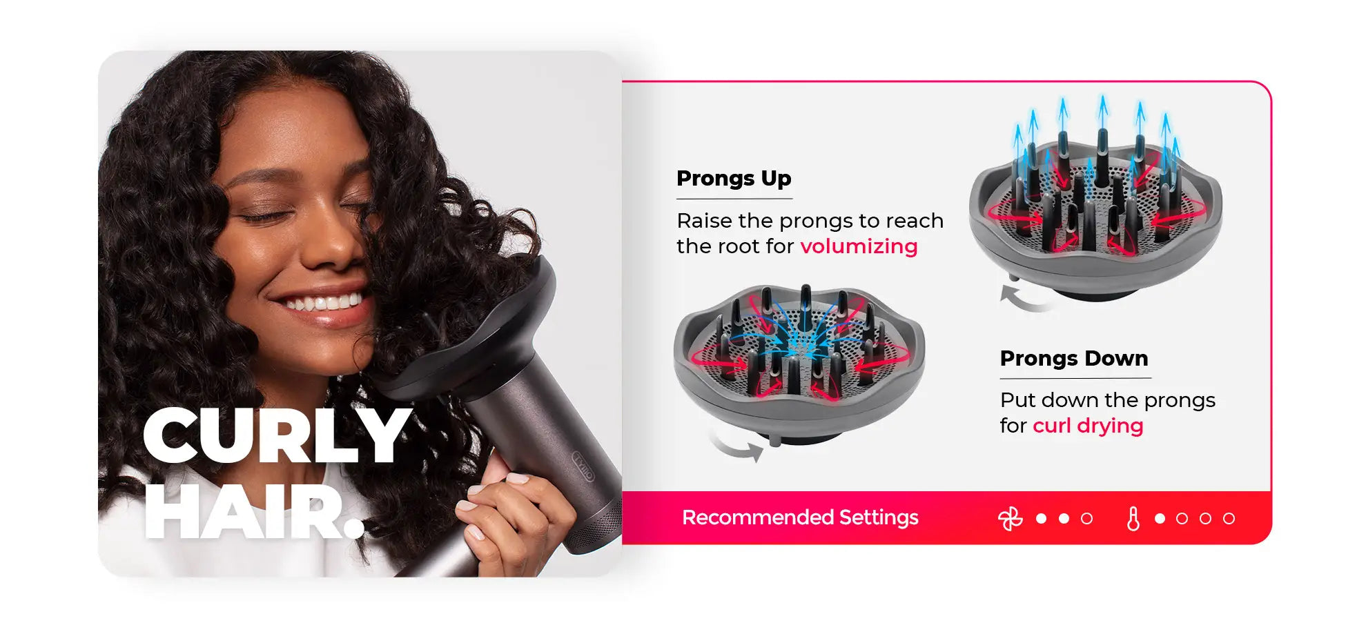 Smiling woman uses TYMO AIRHYPE Hair Dryer with prongs up for volumizing and prongs down for curl drying.