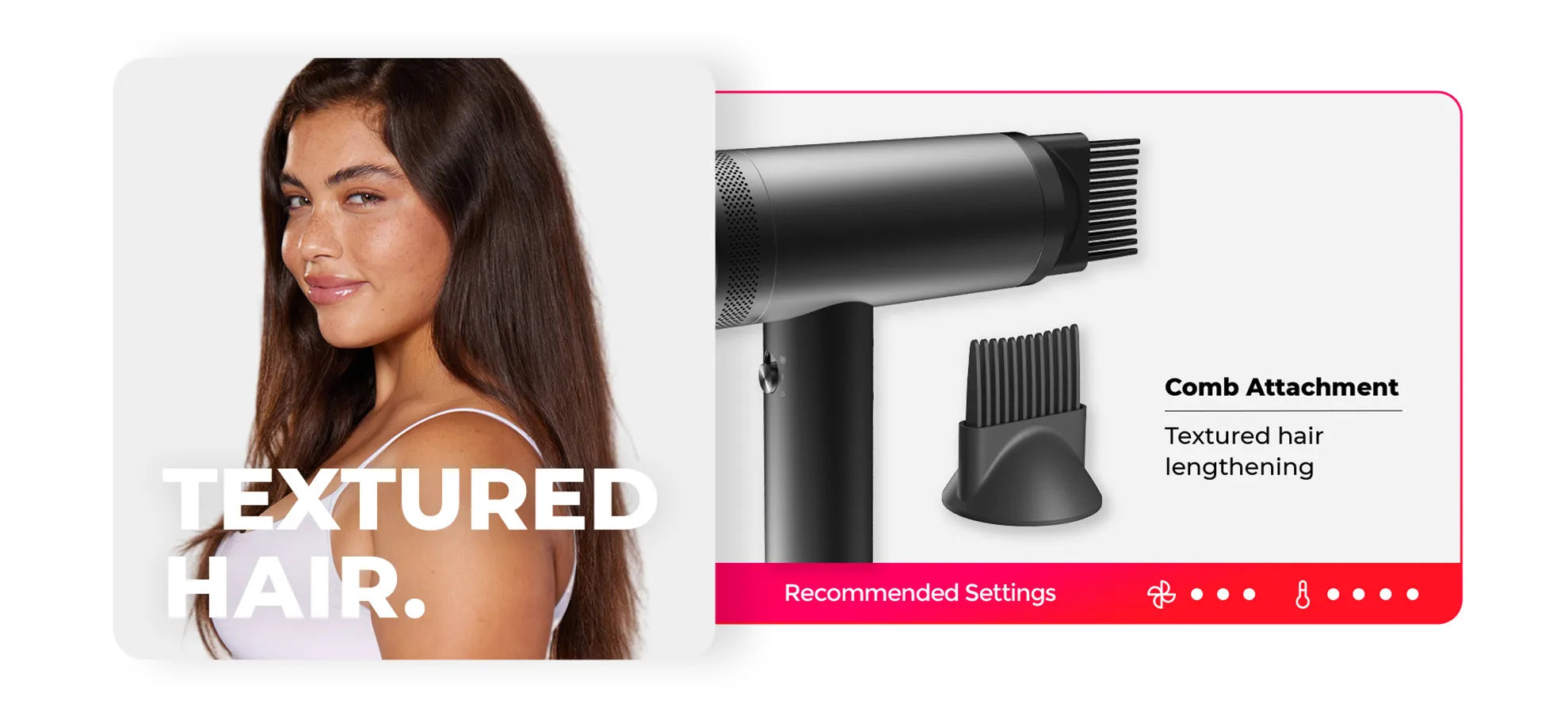 Women with long hair showcasing TYMO AIRHYPE Hair Dryer with comb attachment for textured hair lengthening.