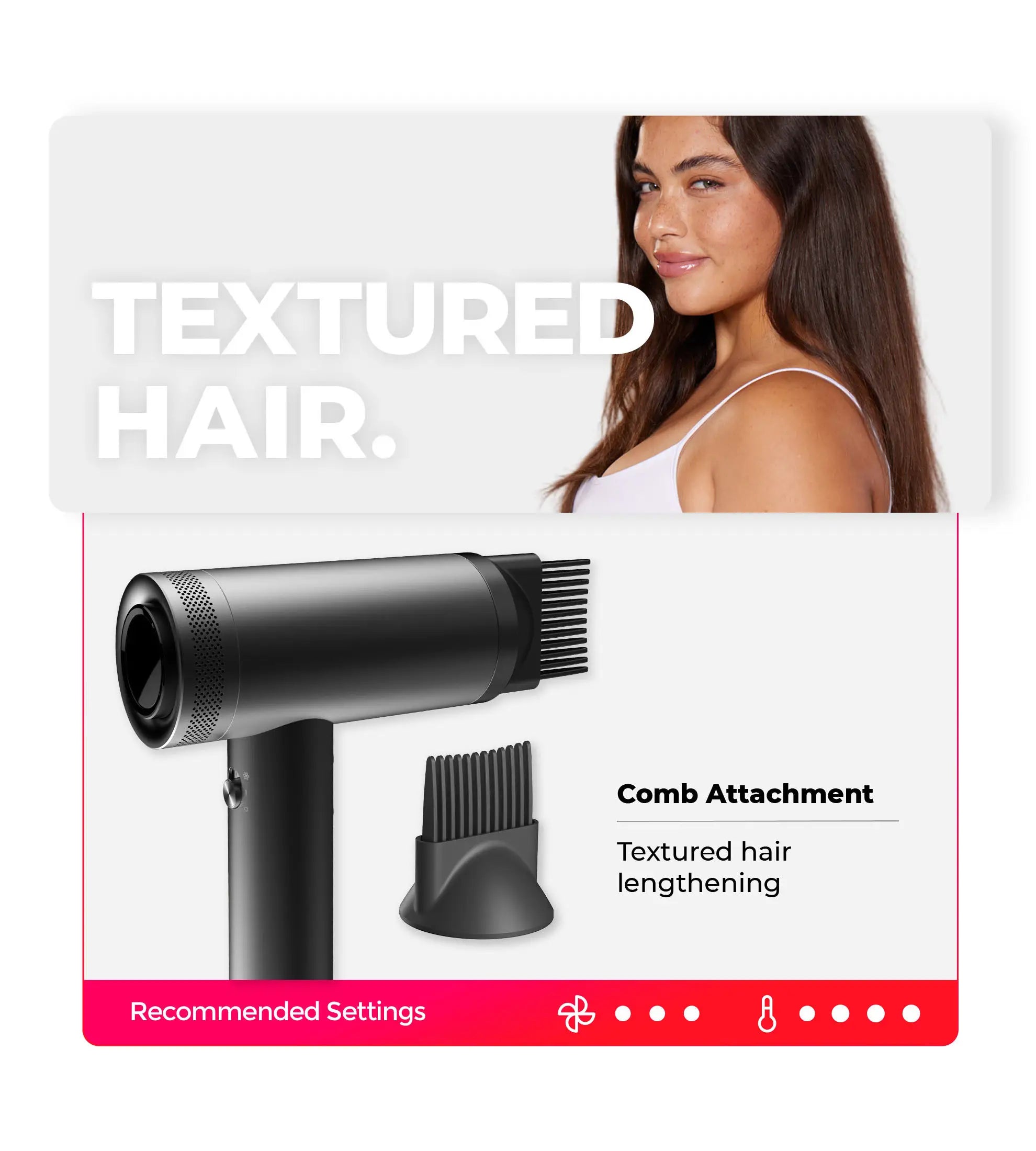 Women with long hair showcasing TYMO AIRHYPE Hair Dryer with comb attachment for textured hair lengthening.