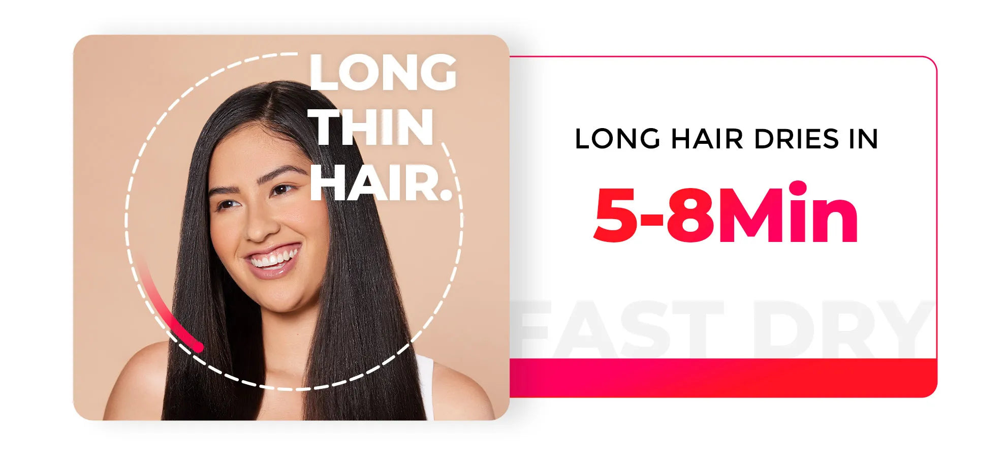 Woman with long thin hair using TYMO AIRHYPE hair dryer, showing drying time of 5-8 minutes.