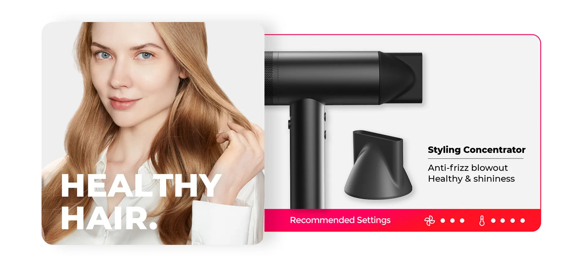 Woman with sleek hair, highlighting TYMO AIRHYPE Hair Dryer with styling concentrator for anti-frizz blowout and healthy shine.