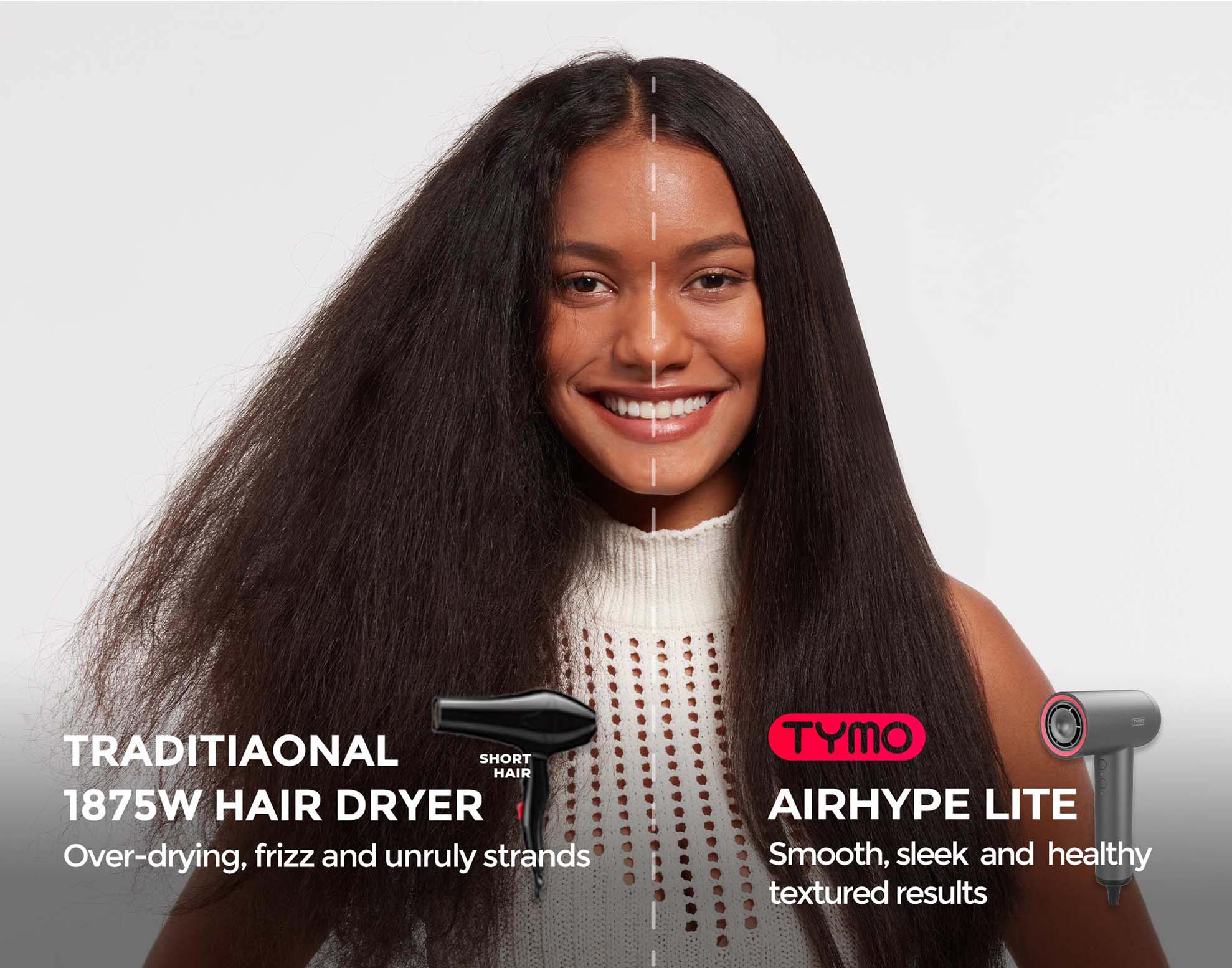 TYMO AIRHYPE LITE SILVER hair dryer providing smooth, sleek, and healthy results, surpassing traditional hair dryers.