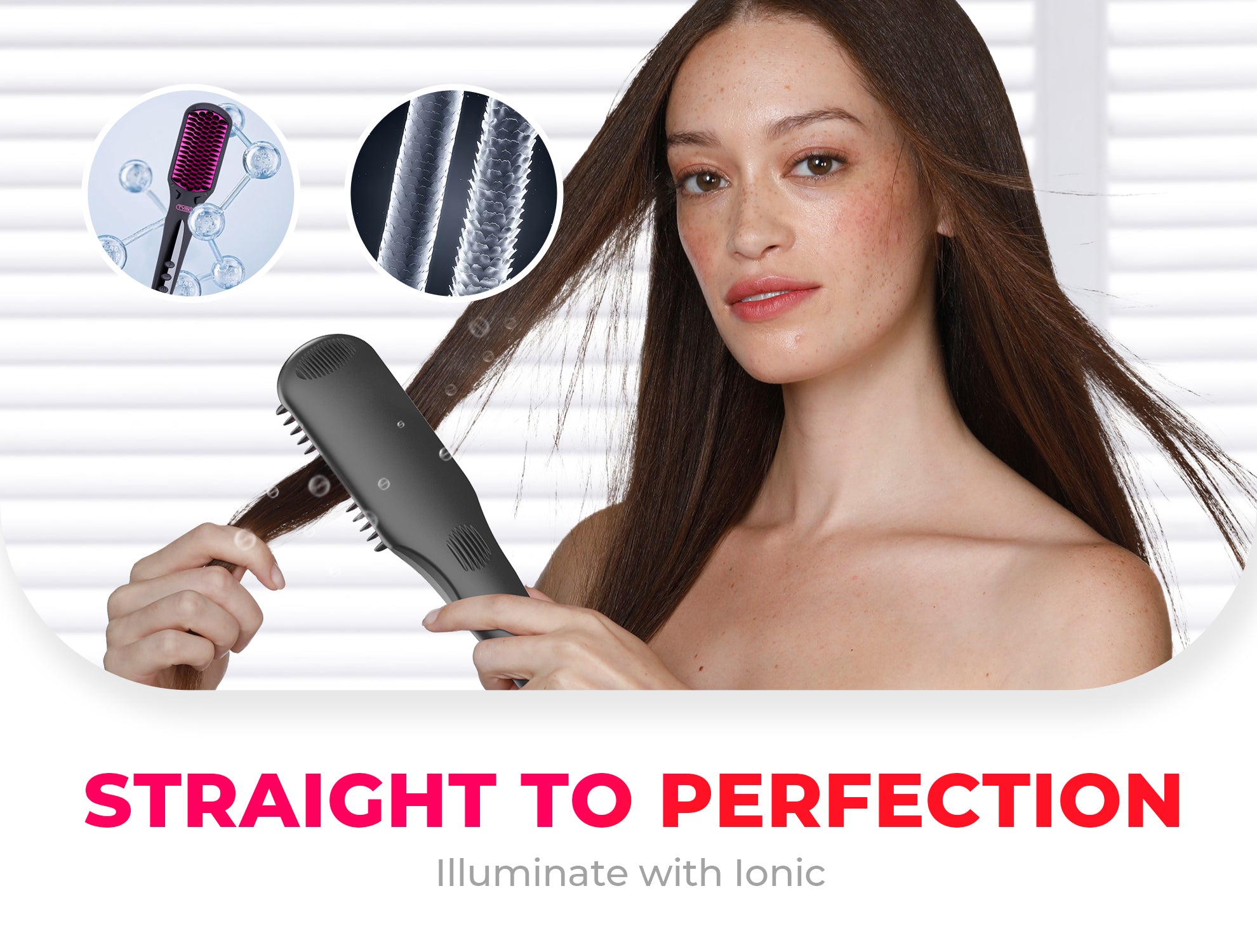 A woman using TYMO iONIC hair straightener for perfectly straight hair, illuminated with ions.