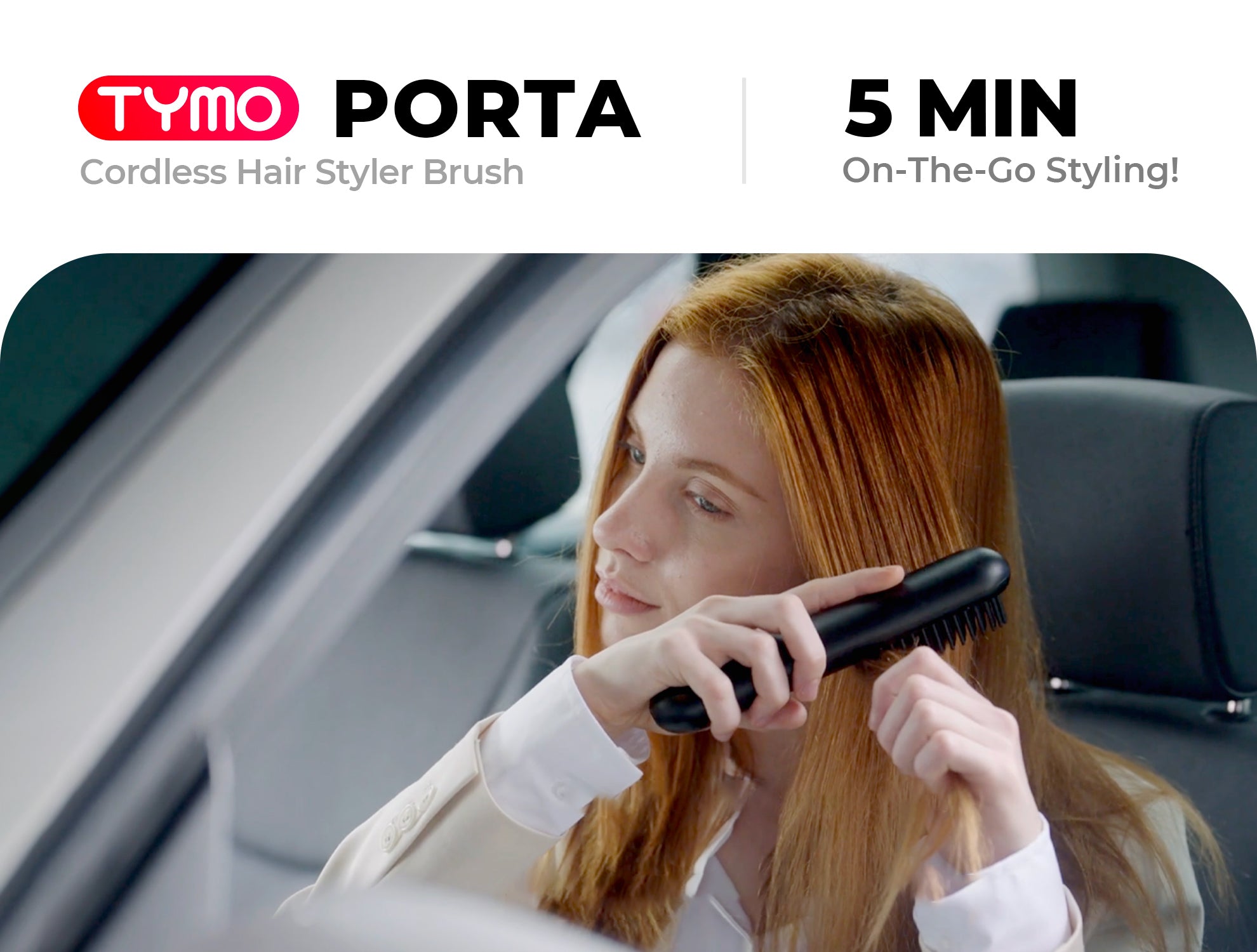 Quick styling with TYMO PORTA cordless hair straightener in car, demonstrating five-minute on-the-go hair styling for busy lifestyles.