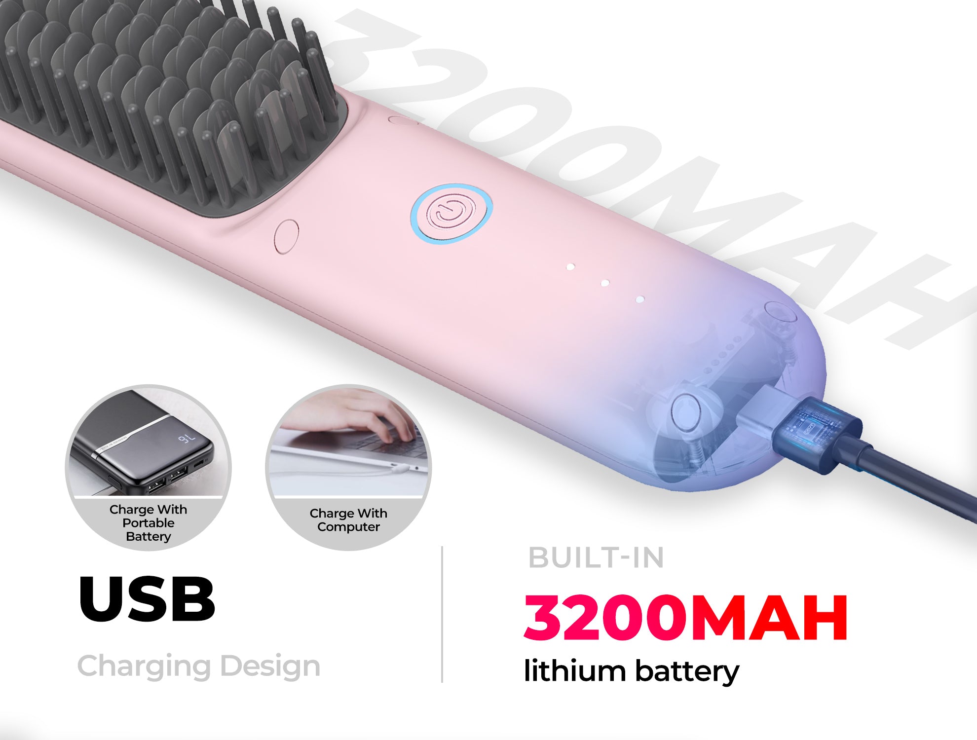 TYMO PORTA PINK wireless hair straightener features a USB charging, design with a built-in 3200mAh lithium battery.