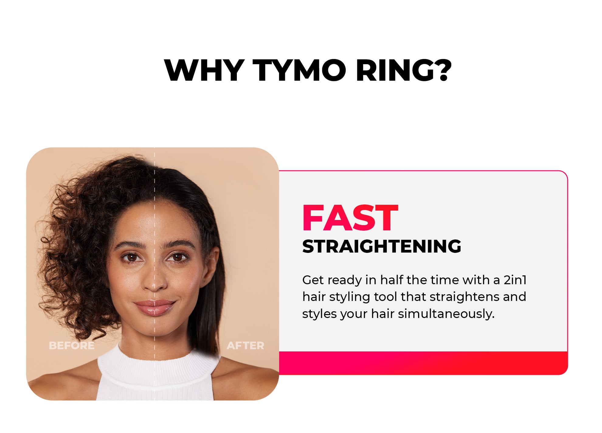 Fast straightening with TYMO hair styling tool, transforming curly hair to sleek straight hair in half the time.