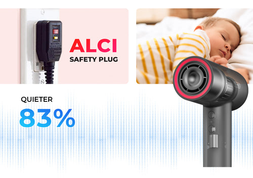 Safety ALCI plug for TYMO AIRHYPE LITE hair dryer, and showing noise reduction feature in sleeping baby environment.