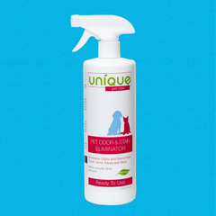 Unique Pet odor and Stain Eliminator ready to use bottle on a bright blue background