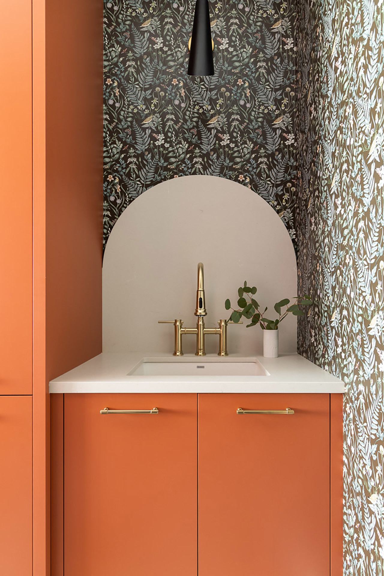 Aly of Alykhan Velji Designs used Secret Garden wallpaper in the laundry room | Home makeover using Hygge & West walllpapers