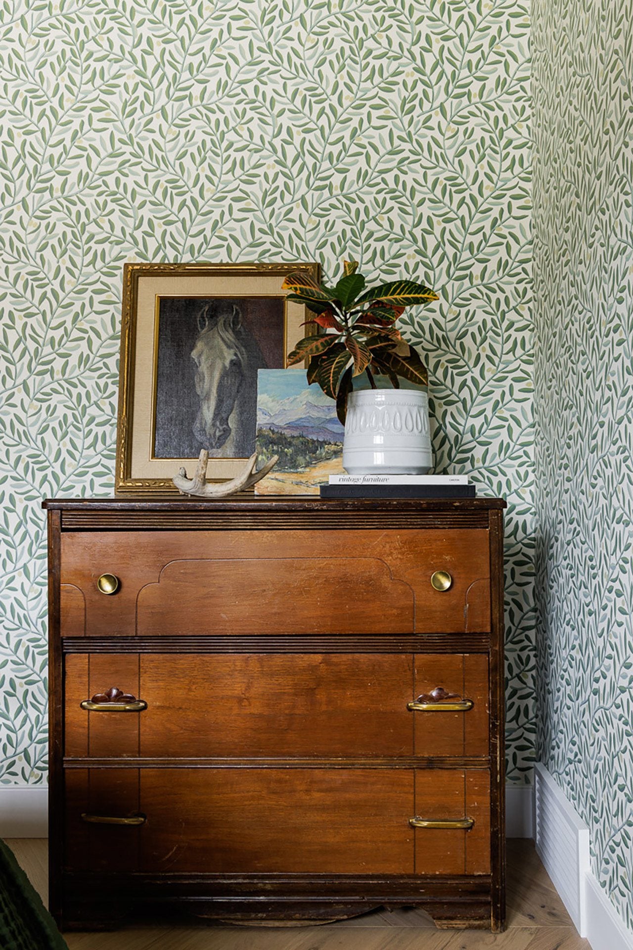 Aly of Alykhan Velji Designs used Olive Grove Wallpaper in the guest bedroom | Home makeover using Hygge & West walllpapers