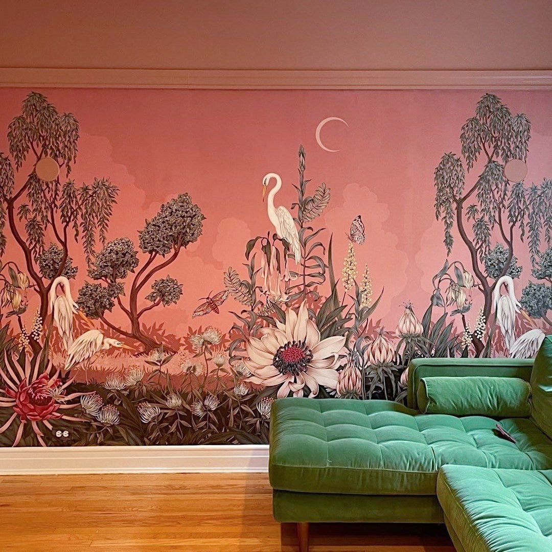 A living room featuring Night Heron (Carnelian) Mural installed by First Floor Chicago