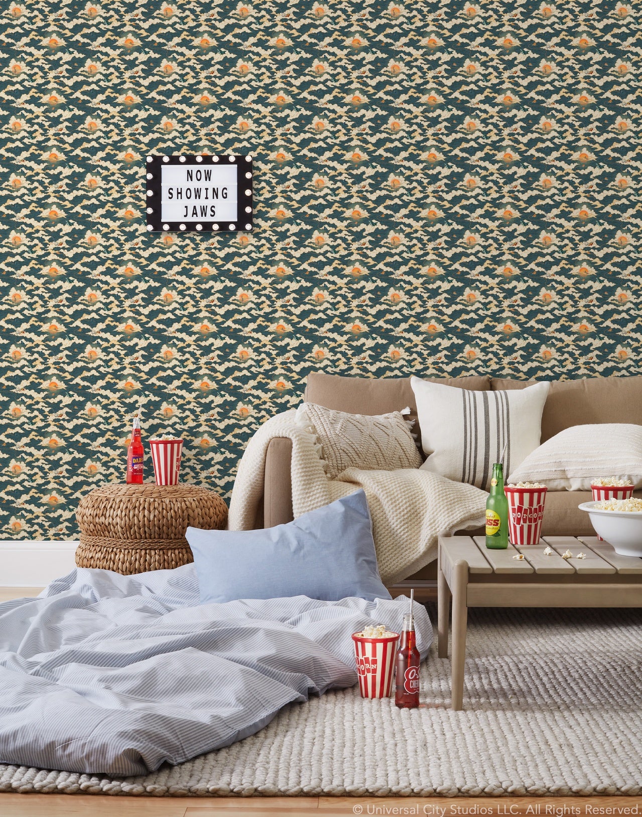 Amity Sunset pattern inspired by the film Jaws and designed by Lisel Jane Ashlock | Universal + Hygge & West wallpaper and shower curtain collection