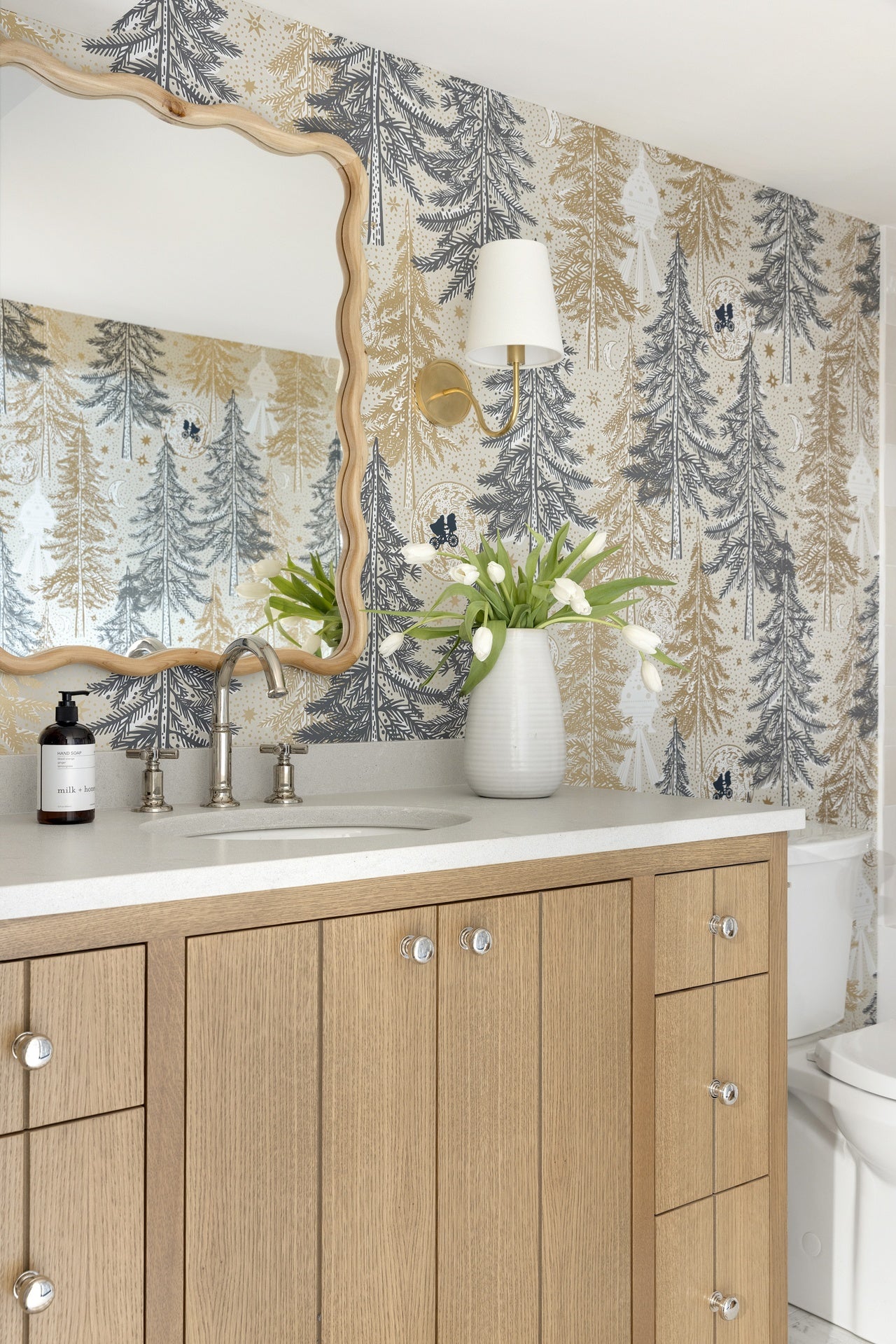 Be Good Wallpaper in a bathroom designed by Katie Kath