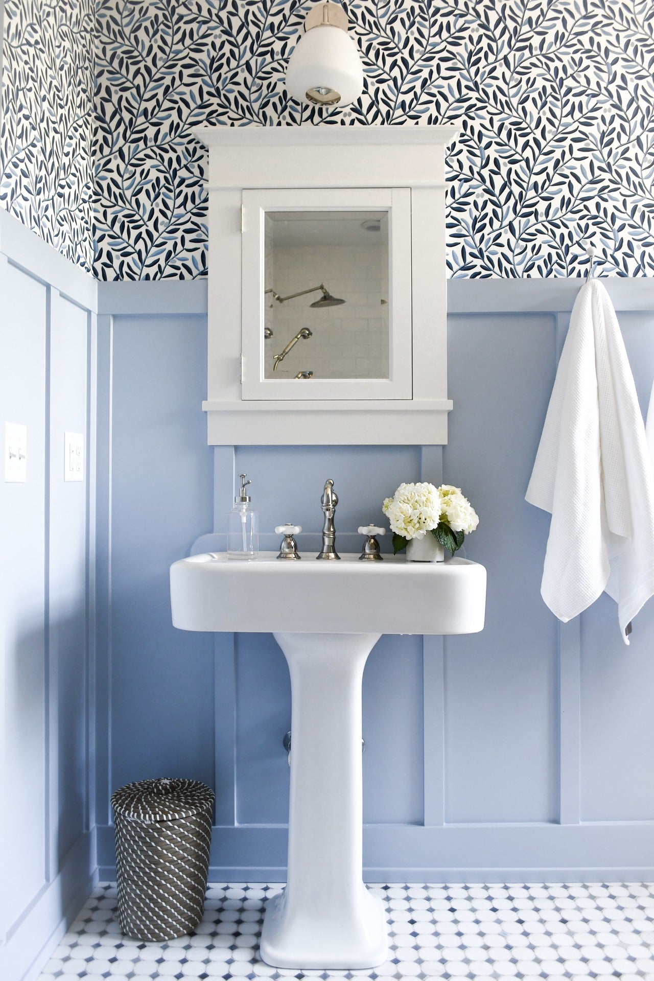 Olive Grove (Blue) wallpaper in a bathroom with light blue trim