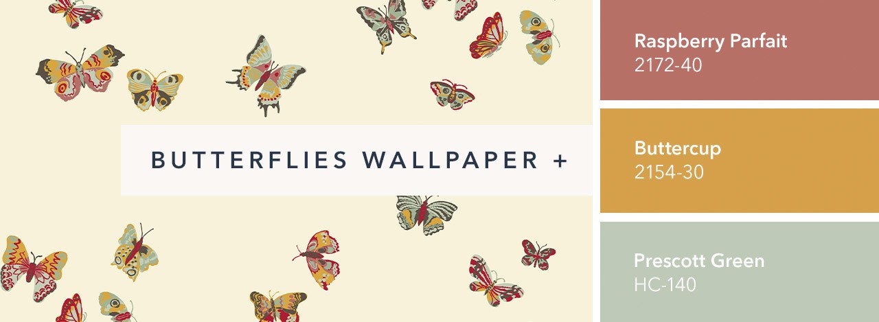 Butterflies (Parchment) wallpaper plus paint trim color ideas