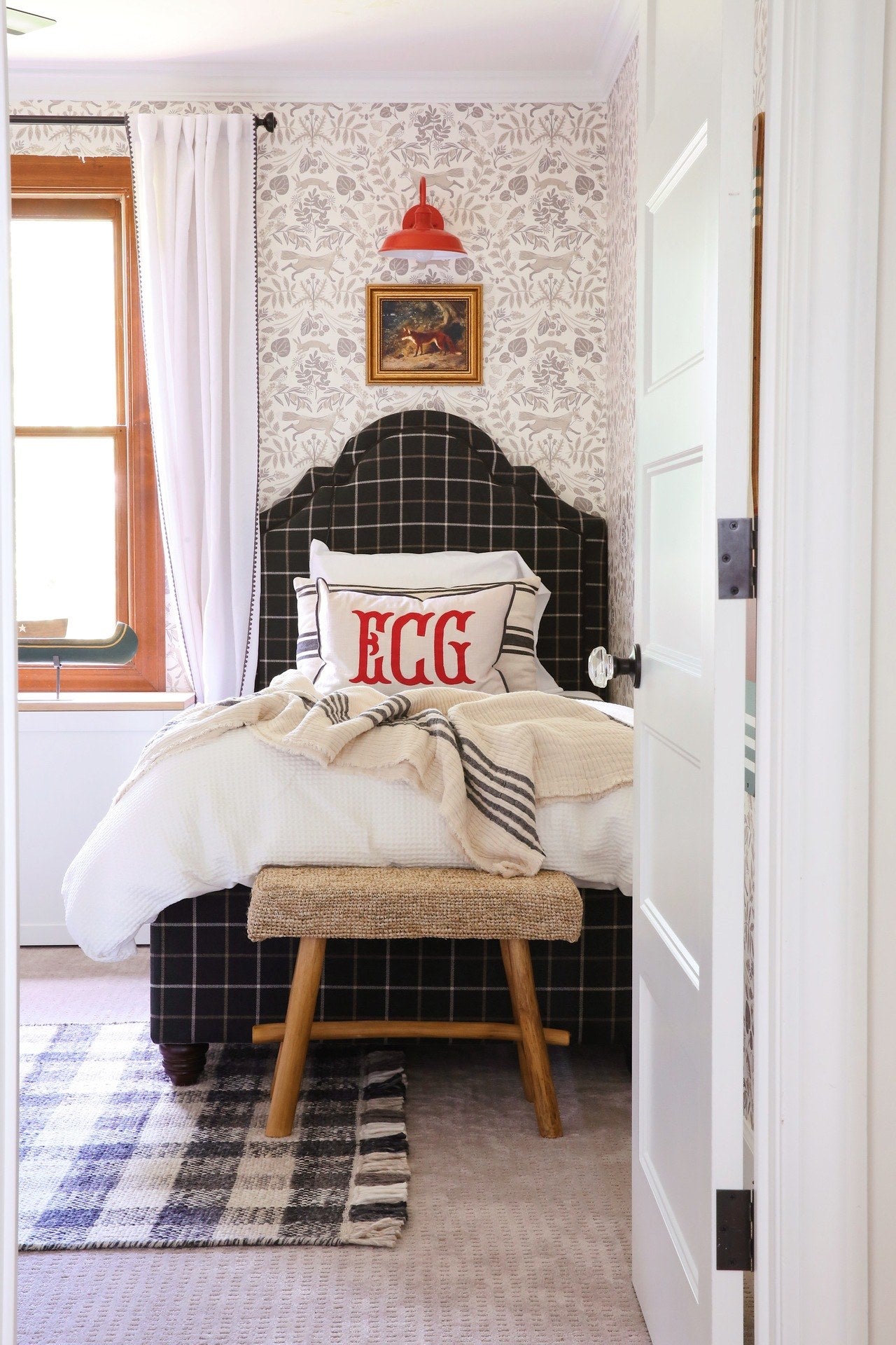 A view through the doorway into this classic, yet quirky bedroom.