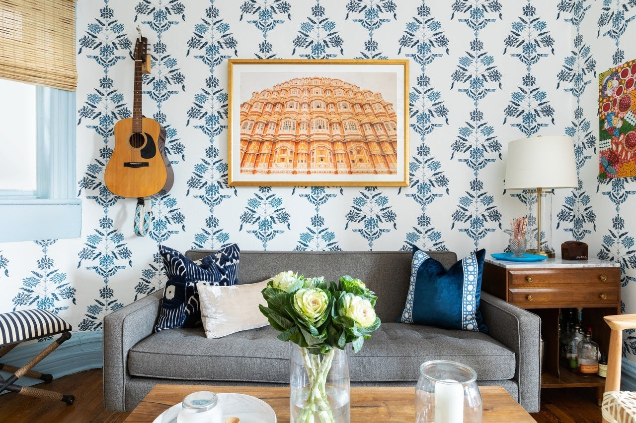 Eclectic living room by Megan Hopp featuring Soldo wallpaper in Navy by Tilton Fenwick for Hygge & West