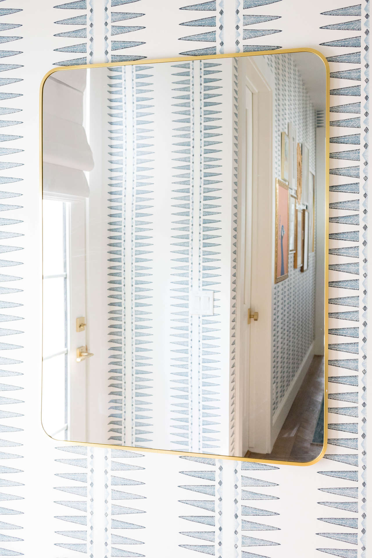 Jo Gick's hallway in Quill (Cadet) wallpaper | Coral & Tusk for Hygge & West