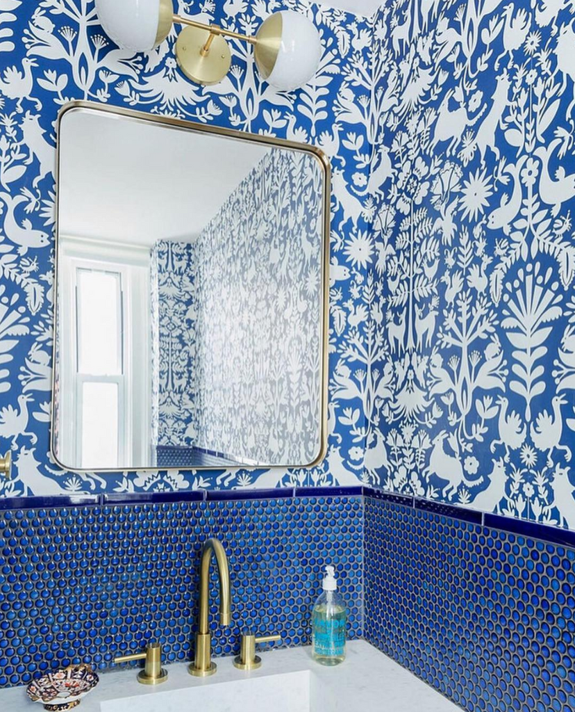 Otomi (Blue) Modern Wallpaper by Emily Isabella x Hygge & West Bathroom Design