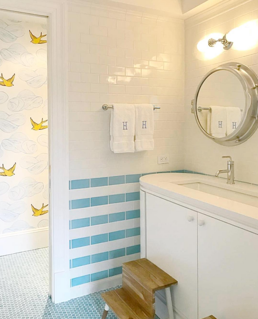 Martha's Vineyard Bathroom Remodel Featuring Daydream (Sunshine) Modern Wallpaper by Julia Rothman x Hygge & West