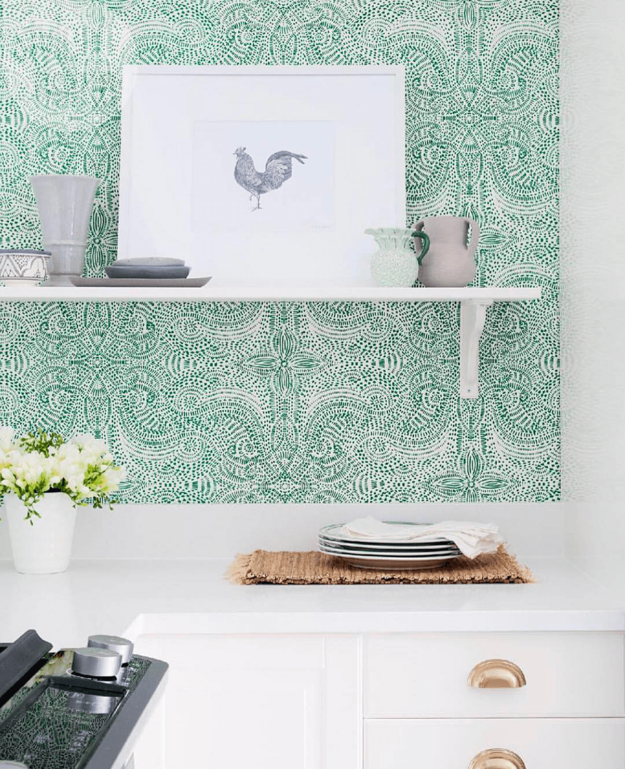 Our Favorite Patterns for the Kitchen | Andanza Green wallpaper | Laundry Studio | Hygge & West