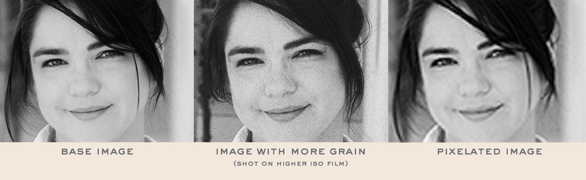 Comparison images showing film grain vs pixelation