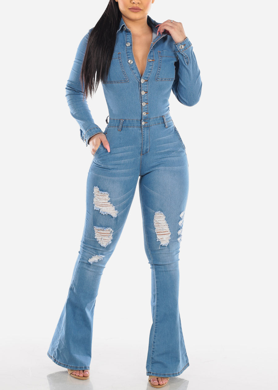 denim bell bottom jumpsuit