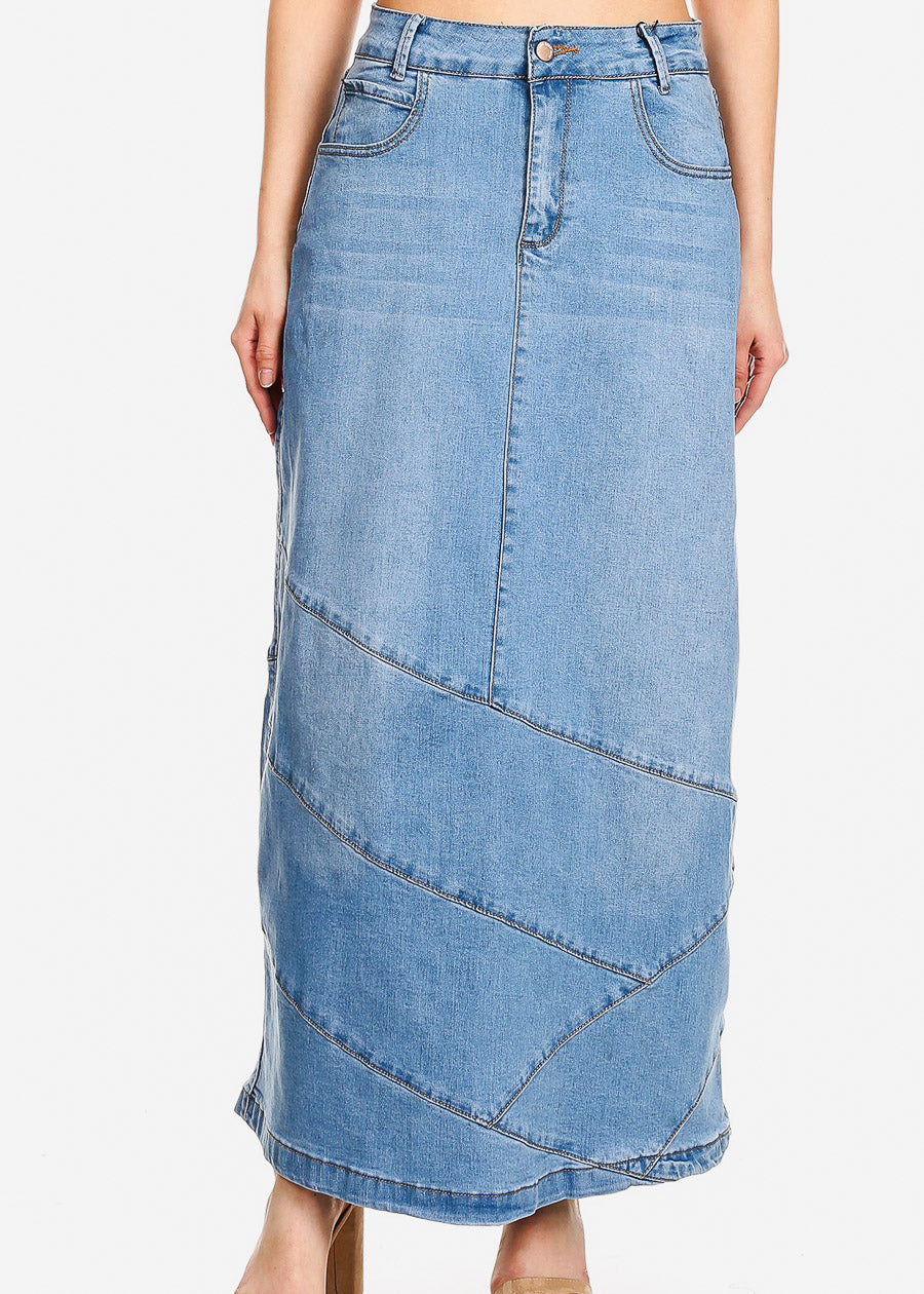 high waisted denim maxi skirt