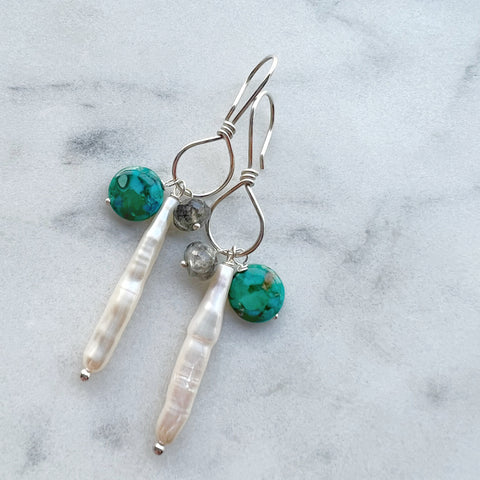 CAPRI Handmade Pearl, Turquoise and Labradorite Charm Earrings by Bohemian Butterfly