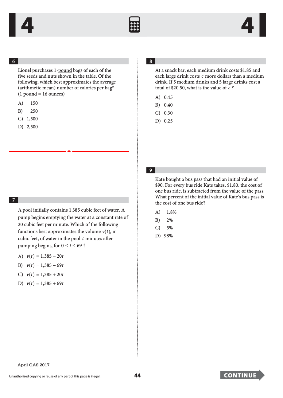 SAT April 2017 (USA)/ May 2017 (International) QAS & Answer Key Math