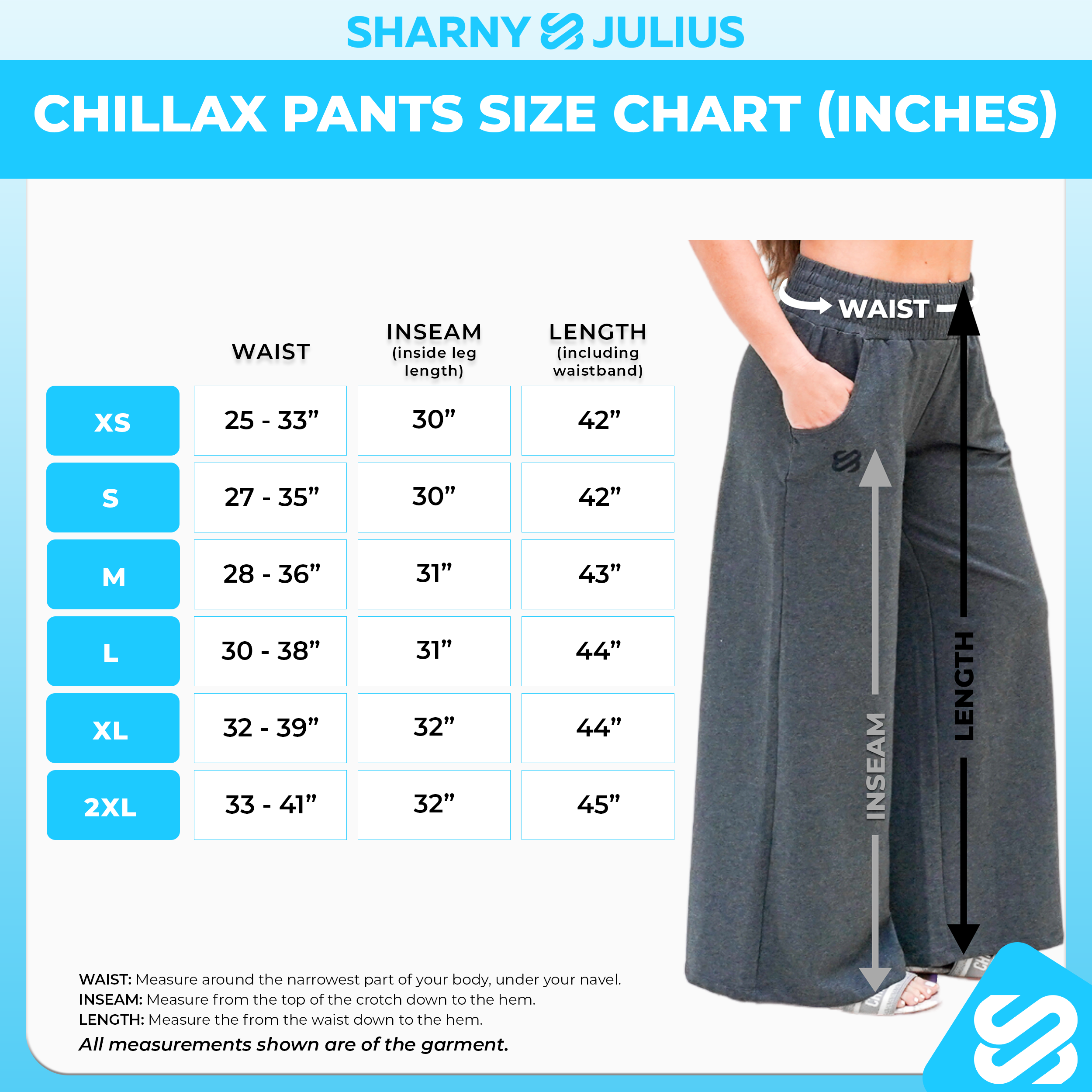 Chillax Pants Size Chart (Imperial)