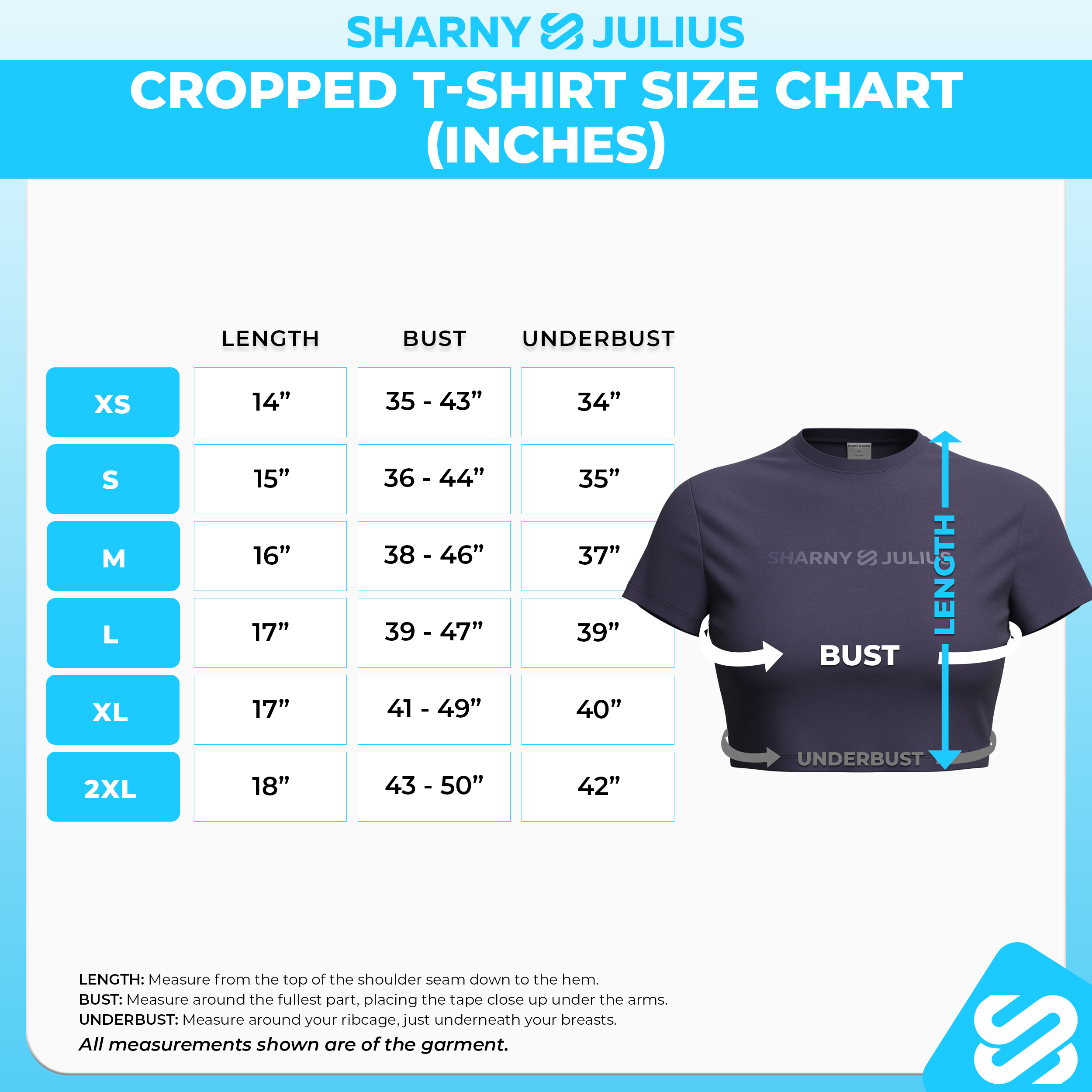 Cropped T-Shirt Size Chart (Imperial)