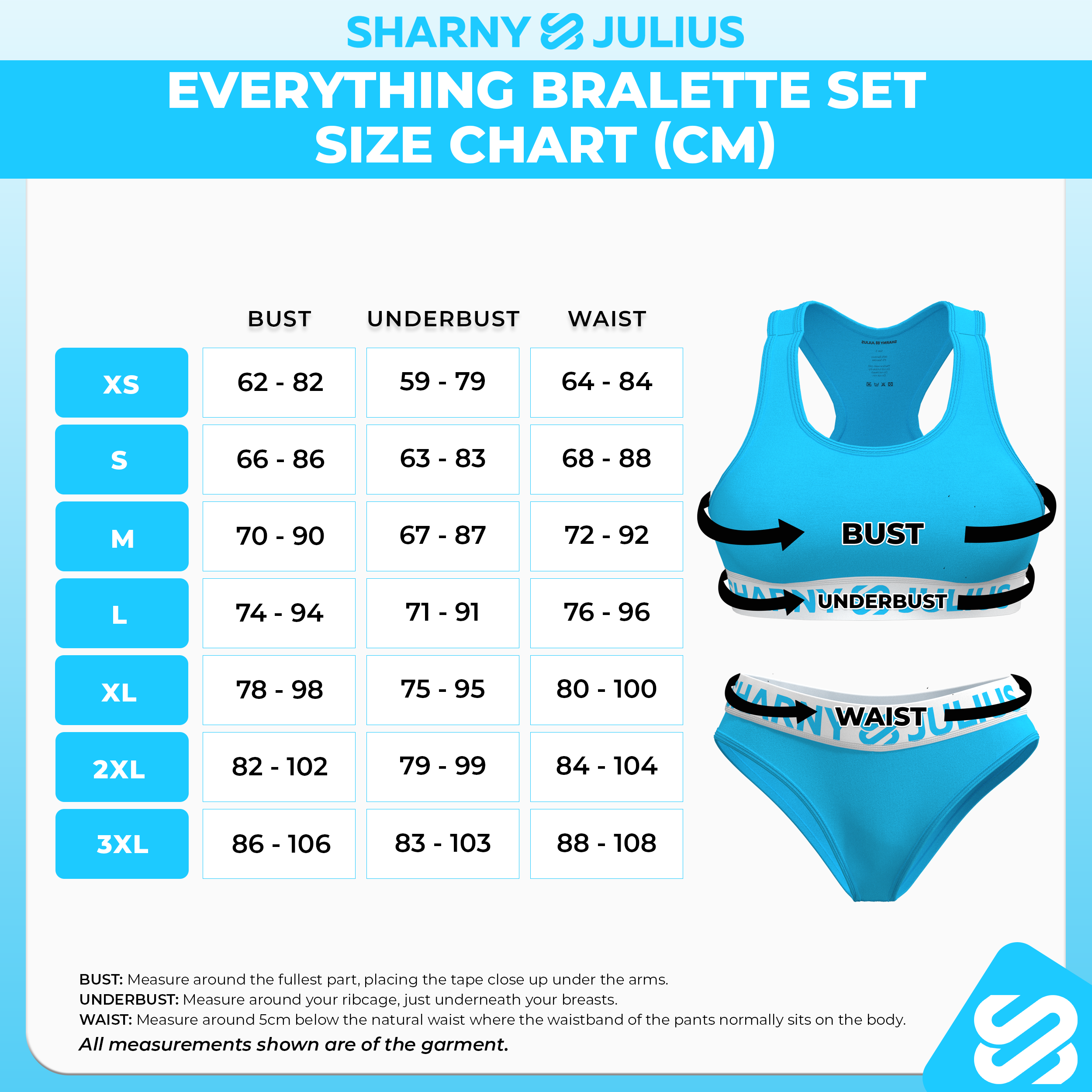 Everything Bralette Set Size Chart (Metric)