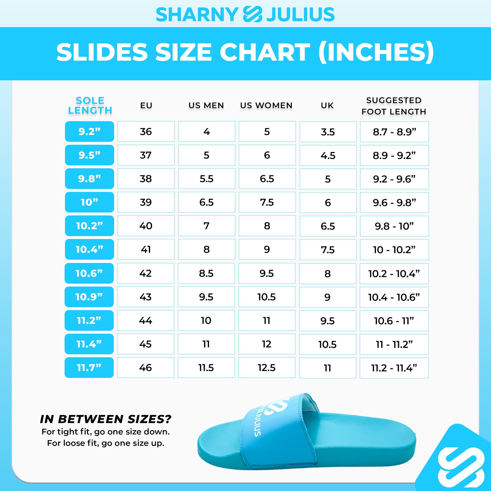 cloudsole slides size chart inches