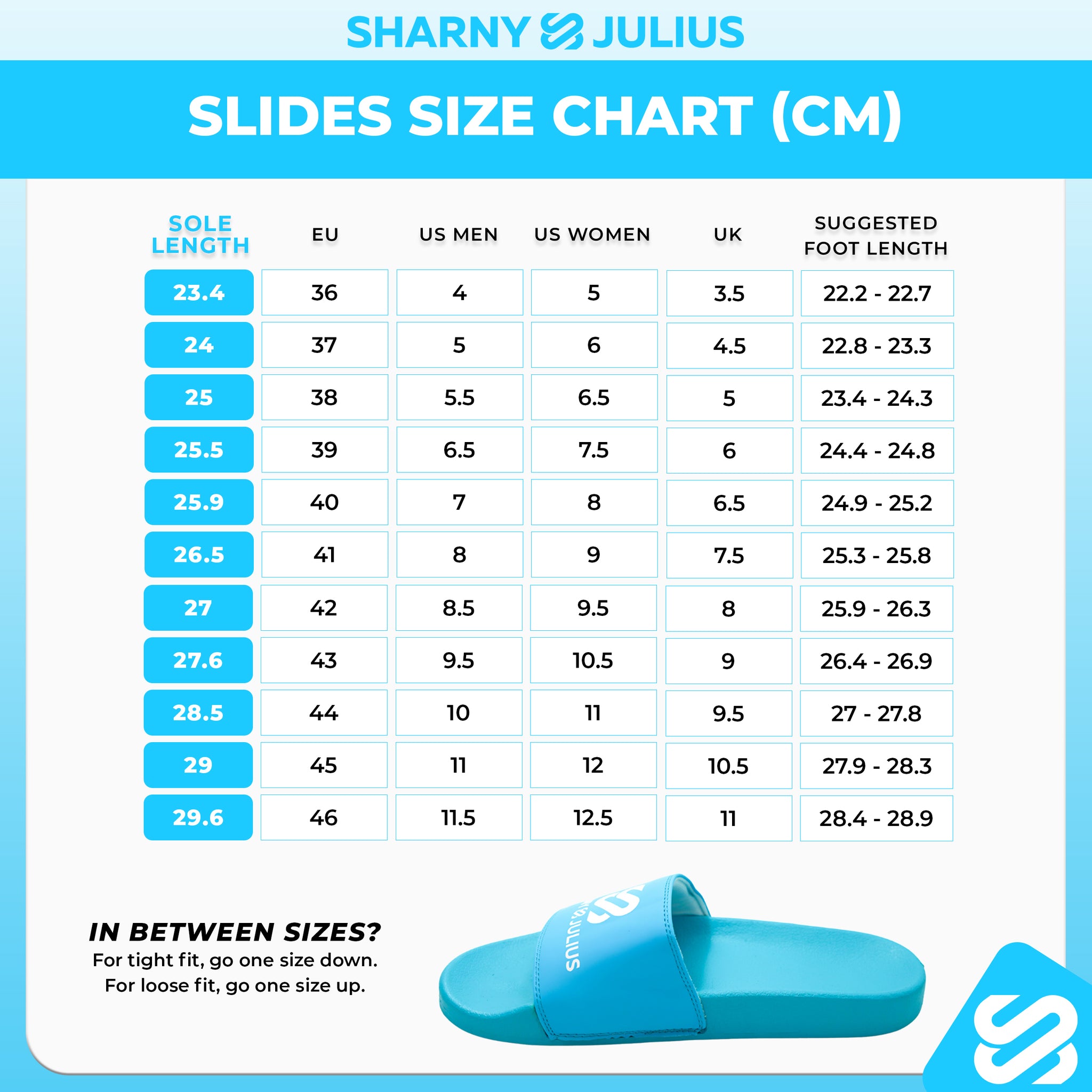 cloudsole slides size chart cm