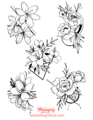 5 geometric flowers line work tattoo design high resolution download